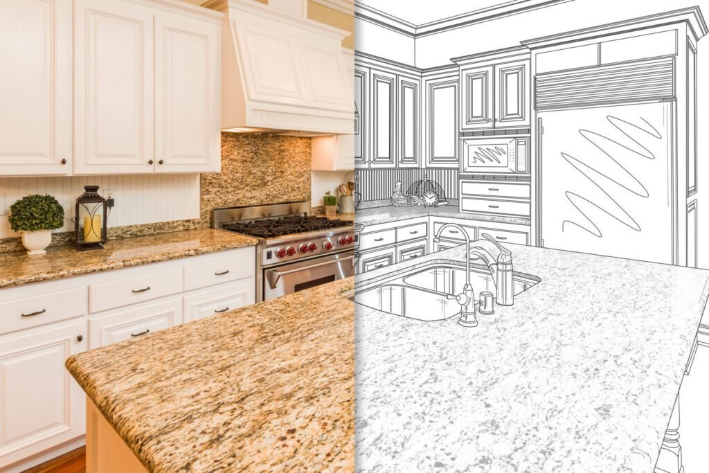Split image of a kitchen remodel showing the left side as the finished updated kitchen and the right side as a matching design sketch.