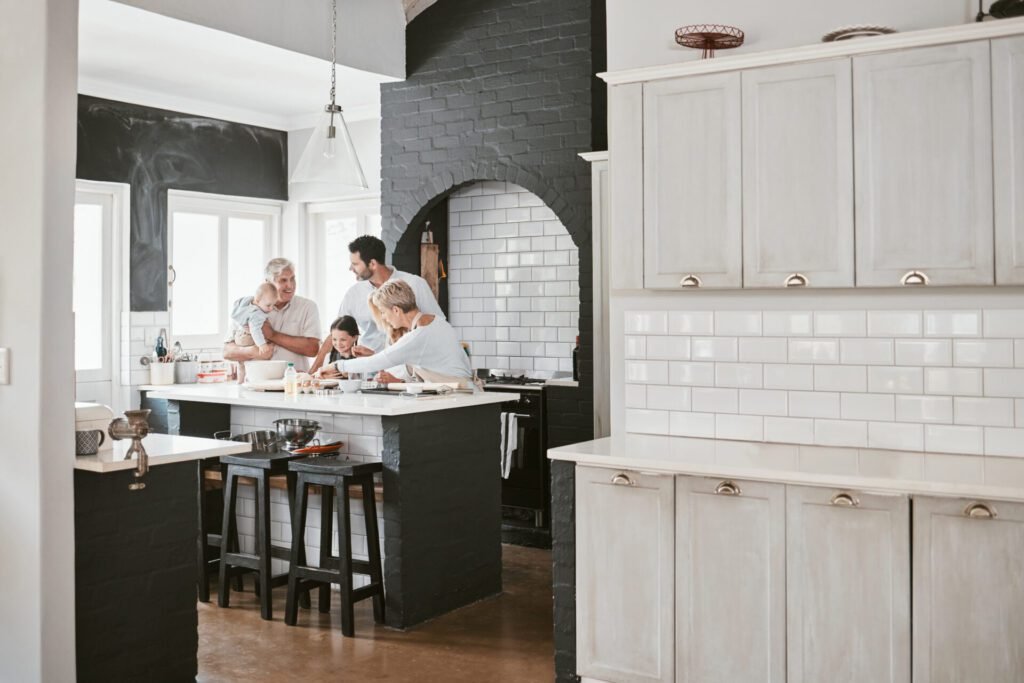 Family spending time together in a bright, newly remodeled Olympia home.
